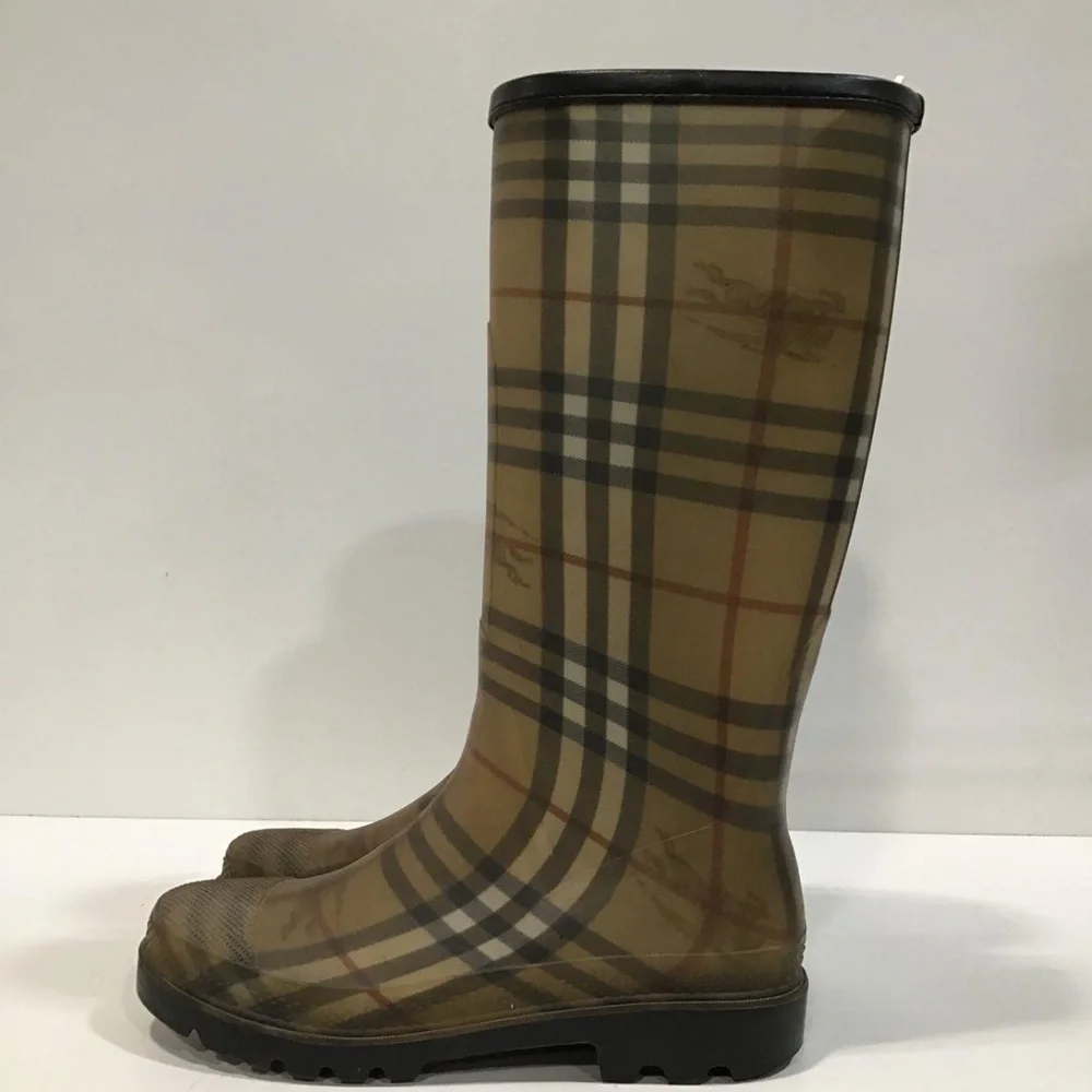 Women’s Burberry Plaid Tall Rain Boots Black Sole Size 39